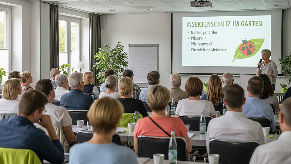 Einer Gruppe von Menschen, sitzt in einem Raum und lauscht gespannt einem Fachvortrag über „Insektenschutz im Garten“
