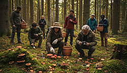 Realistische Fotografie von einer Gruppe Menschen, während einer Pilzexkursion.