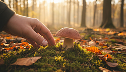 Realistische Nahaufnahme eines Pilzes mitten im Wald. Eine Hand greift danach, um diesen einzusammeln.