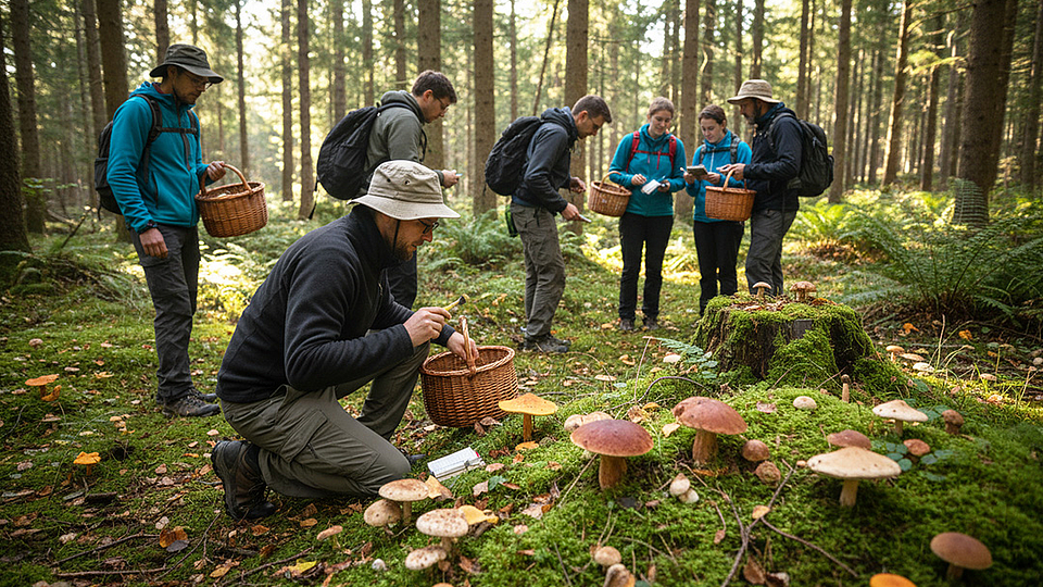 Realistische Fotografie von einer Gruppe Menschen, während einer Pilzexkursion.