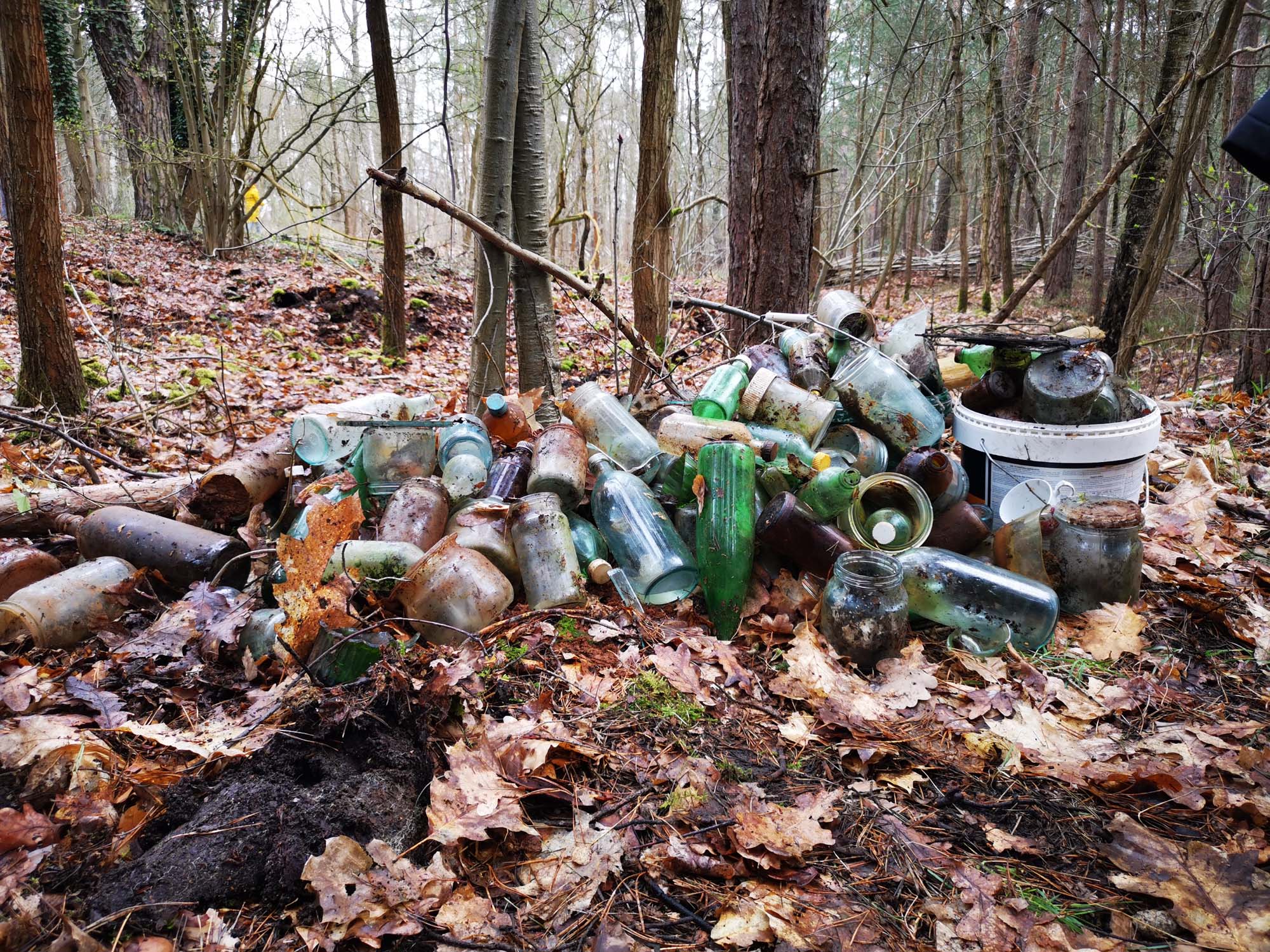 Zum Müllaktionstag gesammelte Flaschen an einem Waldstück bei Schwarzkollm.